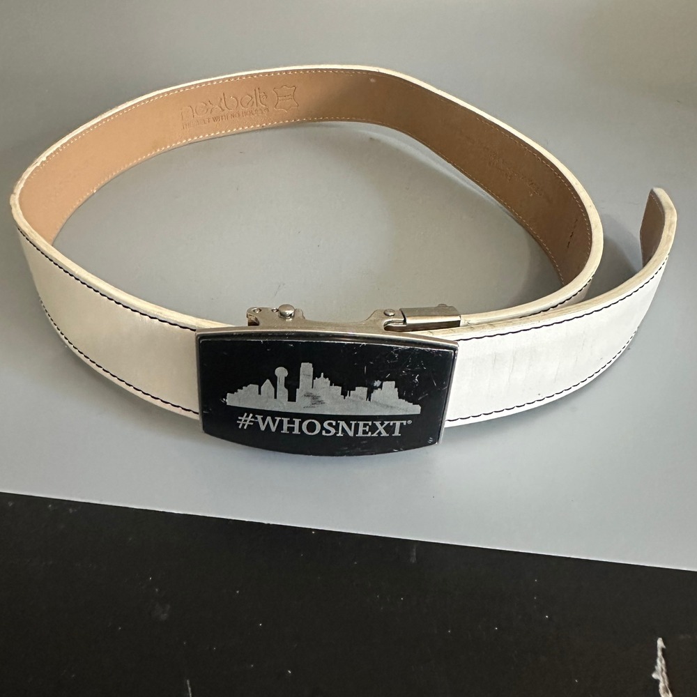 Nexbelt Mens White Leather Ratchet Belt #WHOSNEXT Skyline Buckle Adjustable